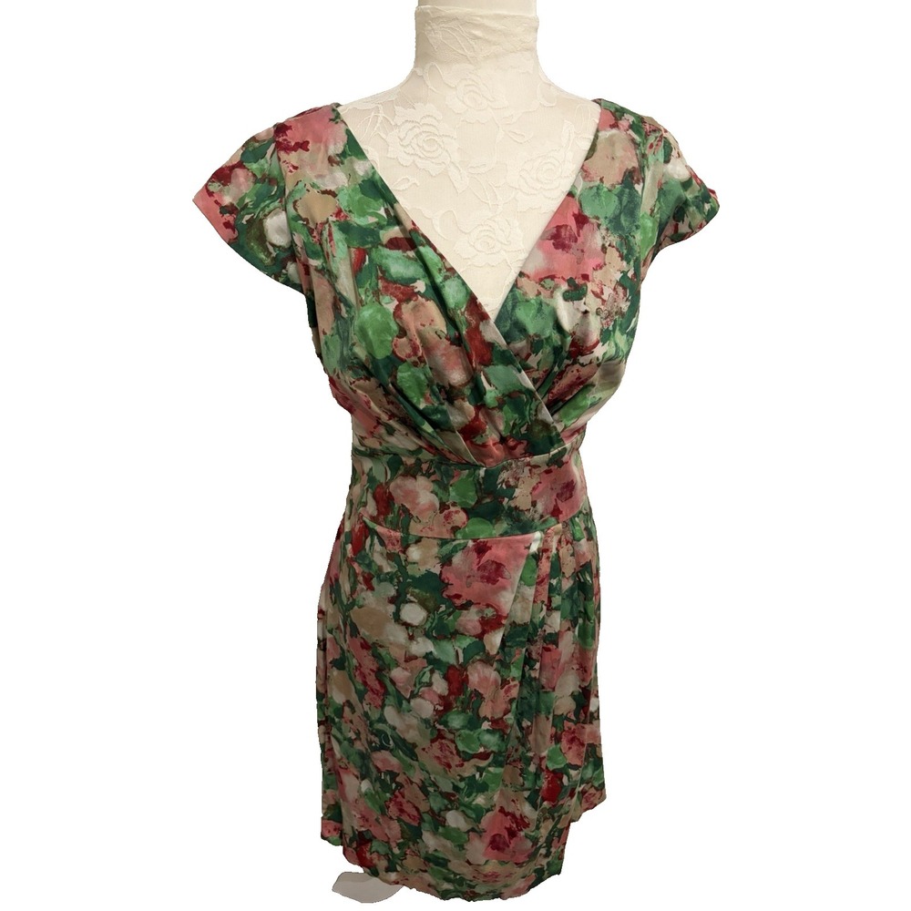Talbots Cotton Sun Dress~12~ Watercolor Floral Fitted Belted V Nk Cap Sl Cottage - Picture 1 of 16